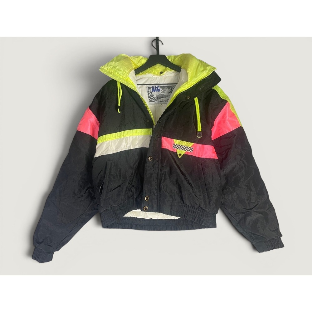 Vintage 80s 90s NILS Women's S Neon Ski Jacket Black Pink Lime Made in USA